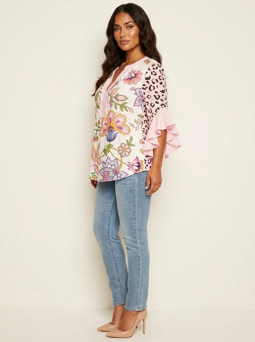 Women's Printed V-Neck Blouse with Layered Ruffle Sleeves