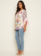 Women's Printed V-Neck Blouse with Layered Ruffle Sleeves