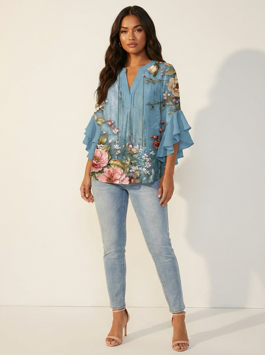 Women's Printed V-Neck Blouse with Layered Ruffle Sleeves