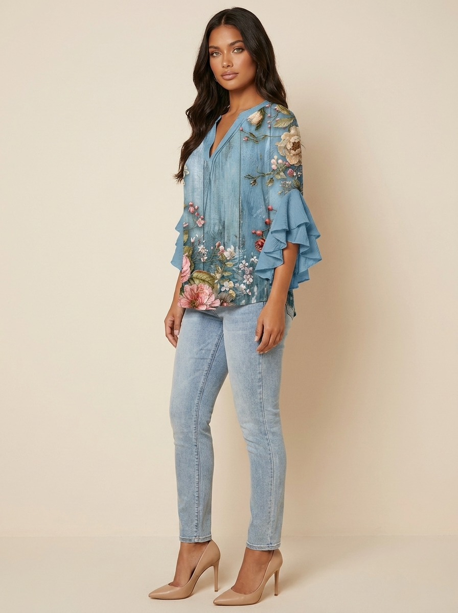 Women's Printed V-Neck Blouse with Layered Ruffle Sleeves
