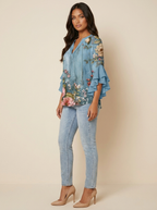 Women's Printed V-Neck Blouse with Layered Ruffle Sleeves