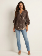 Women's Printed V-Neck Blouse with Layered Ruffle Sleeves