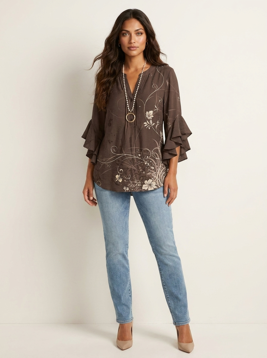 Women's Printed V-Neck Blouse with Layered Ruffle Sleeves