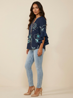 Women's Printed V-Neck Blouse with Layered Ruffle Sleeves