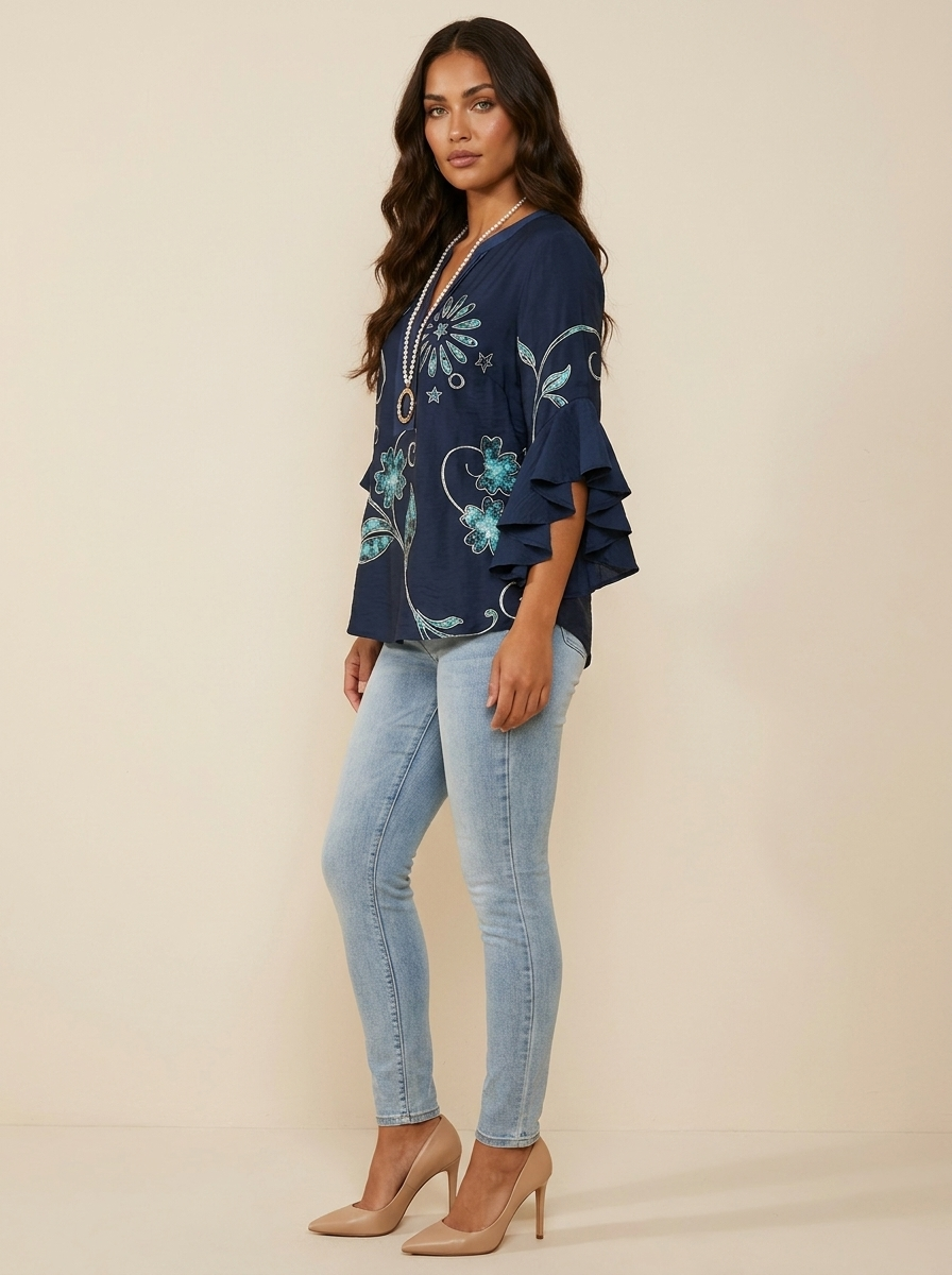 Women's Printed V-Neck Blouse with Layered Ruffle Sleeves