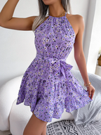 Women's Floral Halter Neck Tiered Mini Dress with Adjustable Waist Tie