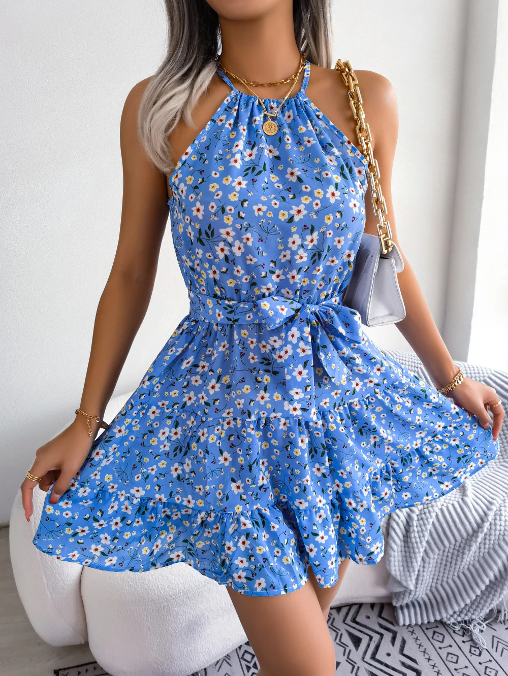 Women's Floral Halter Neck Tiered Mini Dress with Adjustable Waist Tie