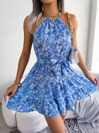 Women's Floral Halter Neck Tiered Mini Dress with Adjustable Waist Tie