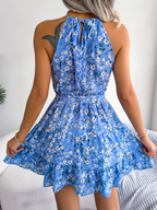 Women's Floral Halter Neck Tiered Mini Dress with Adjustable Waist Tie