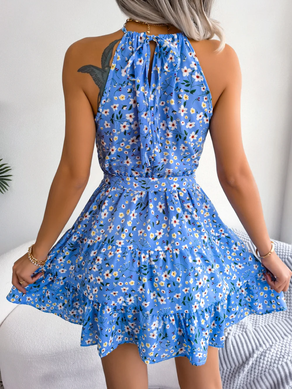 Women's Floral Halter Neck Tiered Mini Dress with Adjustable Waist Tie