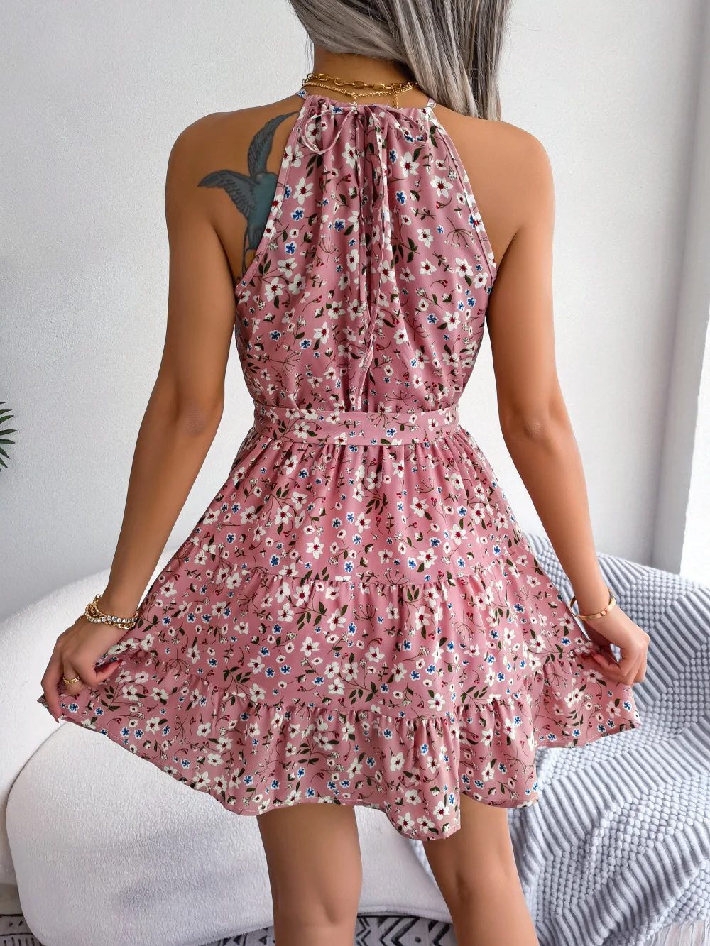 Women's Floral Halter Neck Tiered Mini Dress with Adjustable Waist Tie