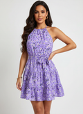 Women's Floral Halter Neck Tiered Mini Dress with Adjustable Waist Tie