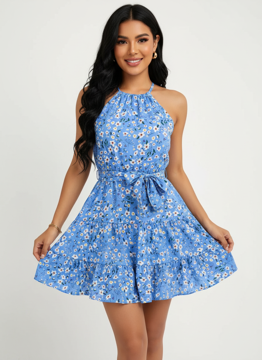 Women's Floral Halter Neck Tiered Mini Dress with Adjustable Waist Tie
