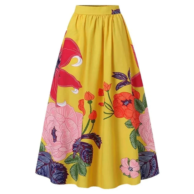 Women's High Waist Floral Print Flowing Maxi Skirt