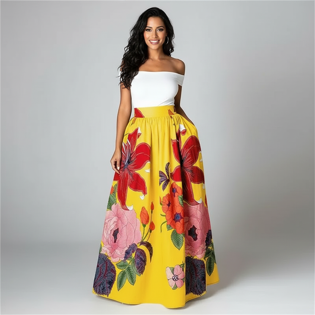 Women's High Waist Floral Print Flowing Maxi Skirt