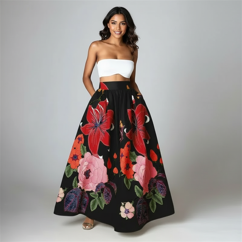 Women's High Waist Floral Print Flowing Maxi Skirt