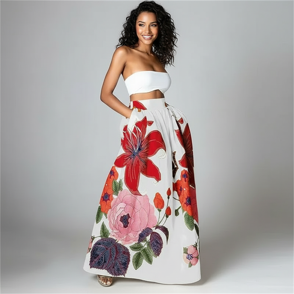 Women's High Waist Floral Print Flowing Maxi Skirt