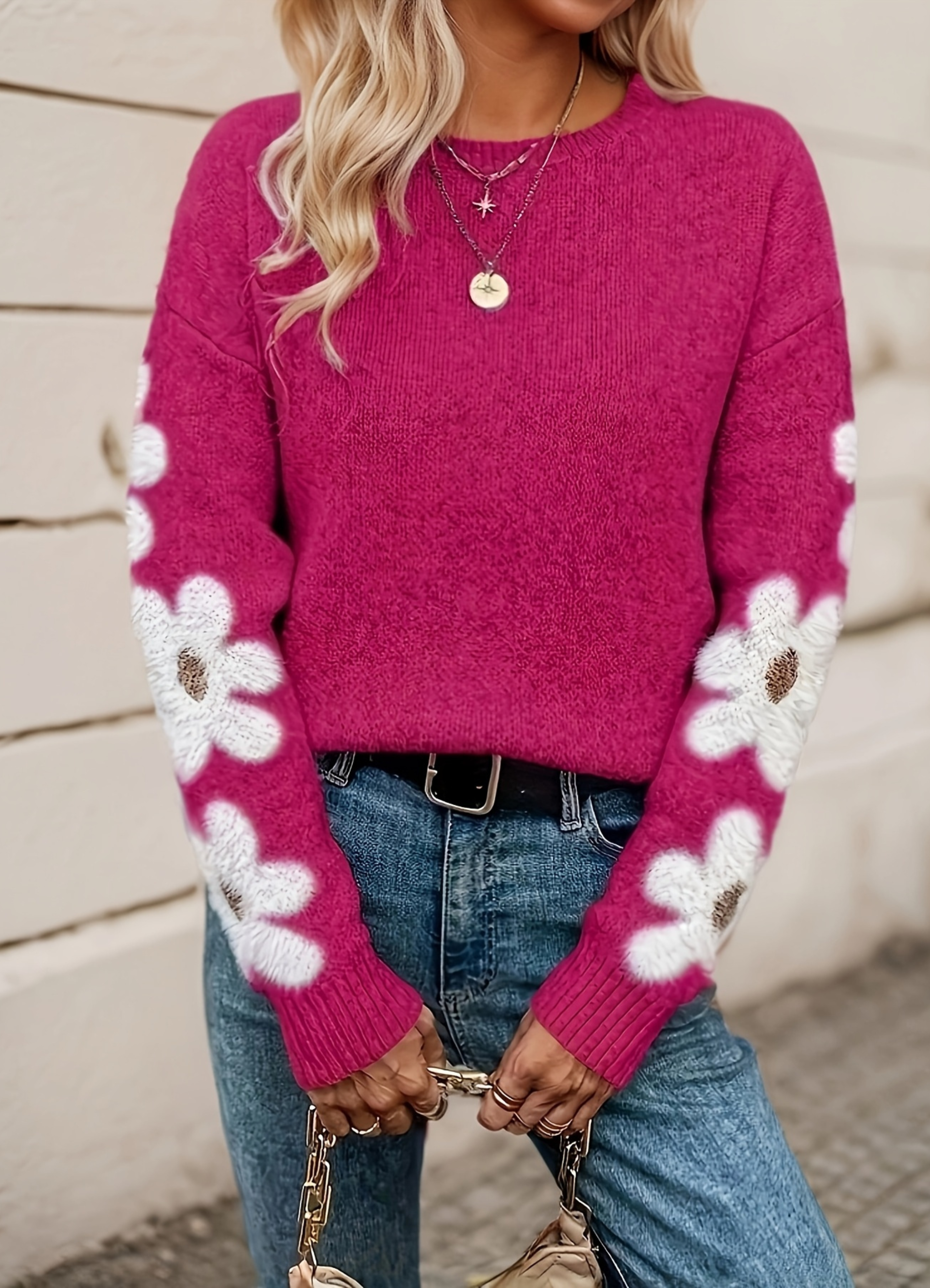 Women's Daisy Sleeve Crew Neck Knit Sweater