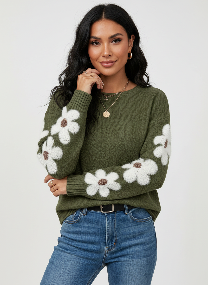 Women's Daisy Sleeve Crew Neck Knit Sweater