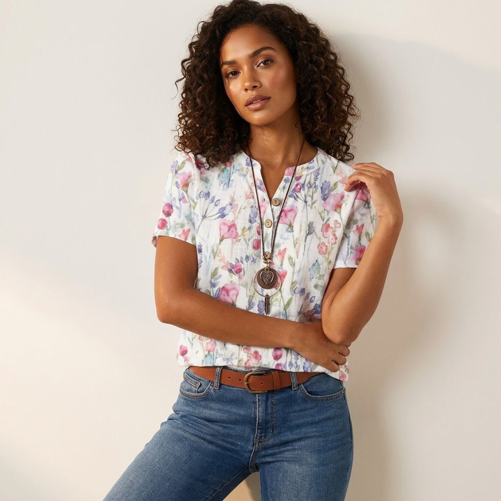 Women's Floral Print Notch Neck Short Sleeve Casual Summer Blouse
