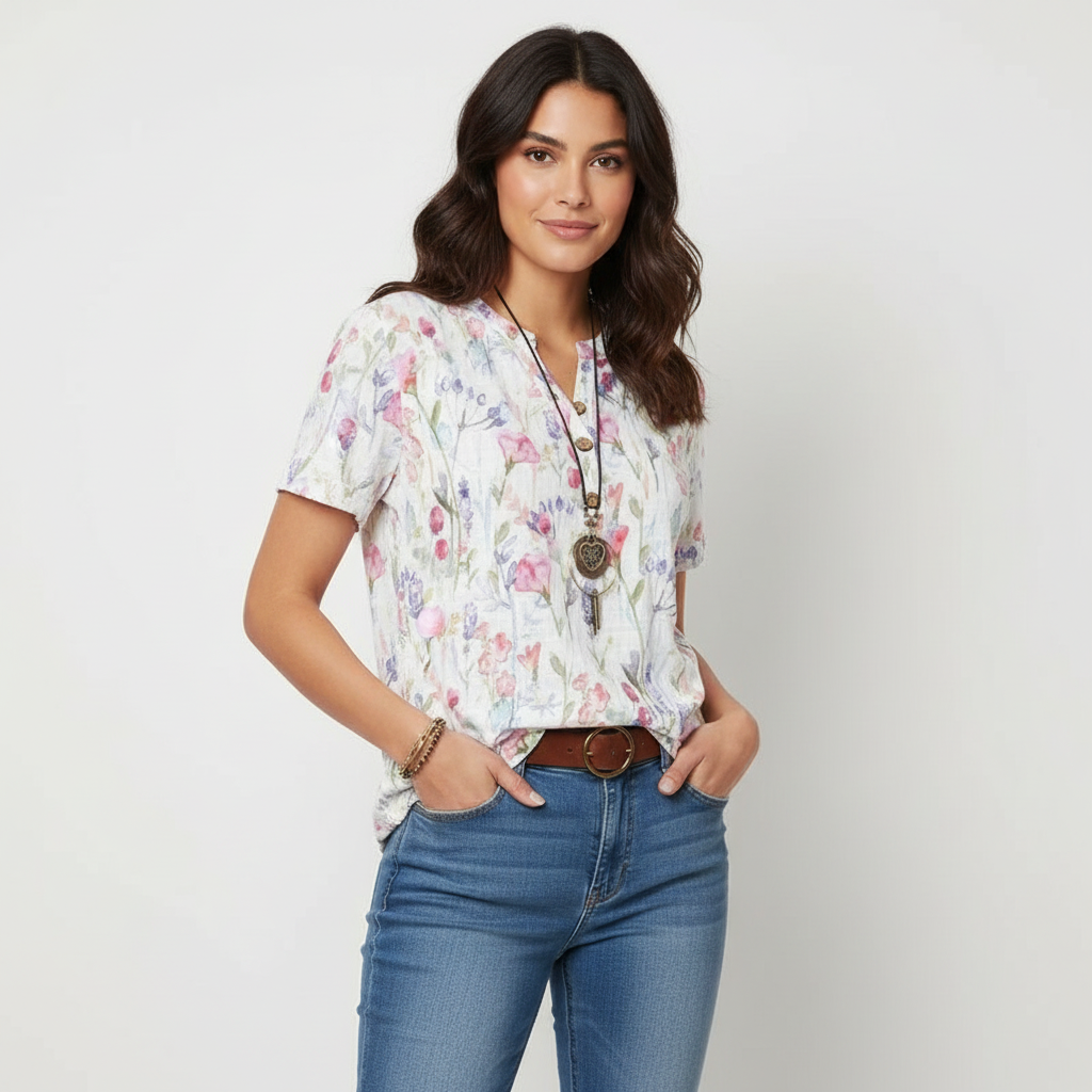 Women's Floral Print Notch Neck Short Sleeve Casual Summer Blouse