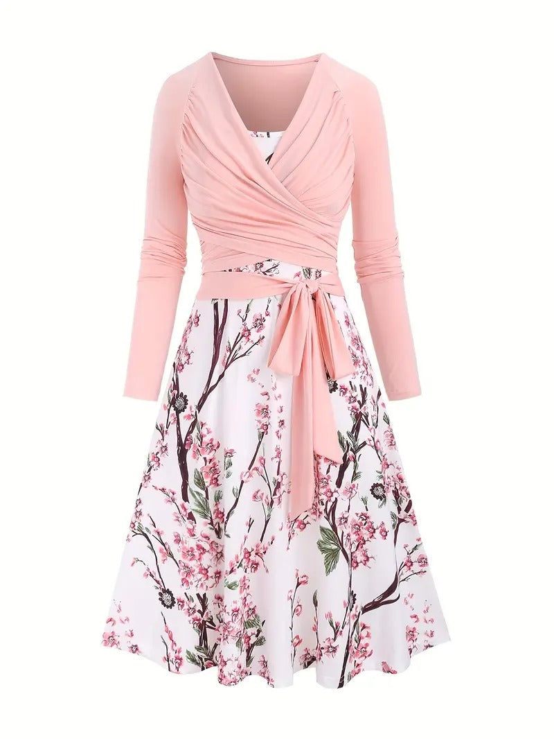 Women's Floral Print Faux Wrap Long Sleeve Midi Dress with Waist Tie