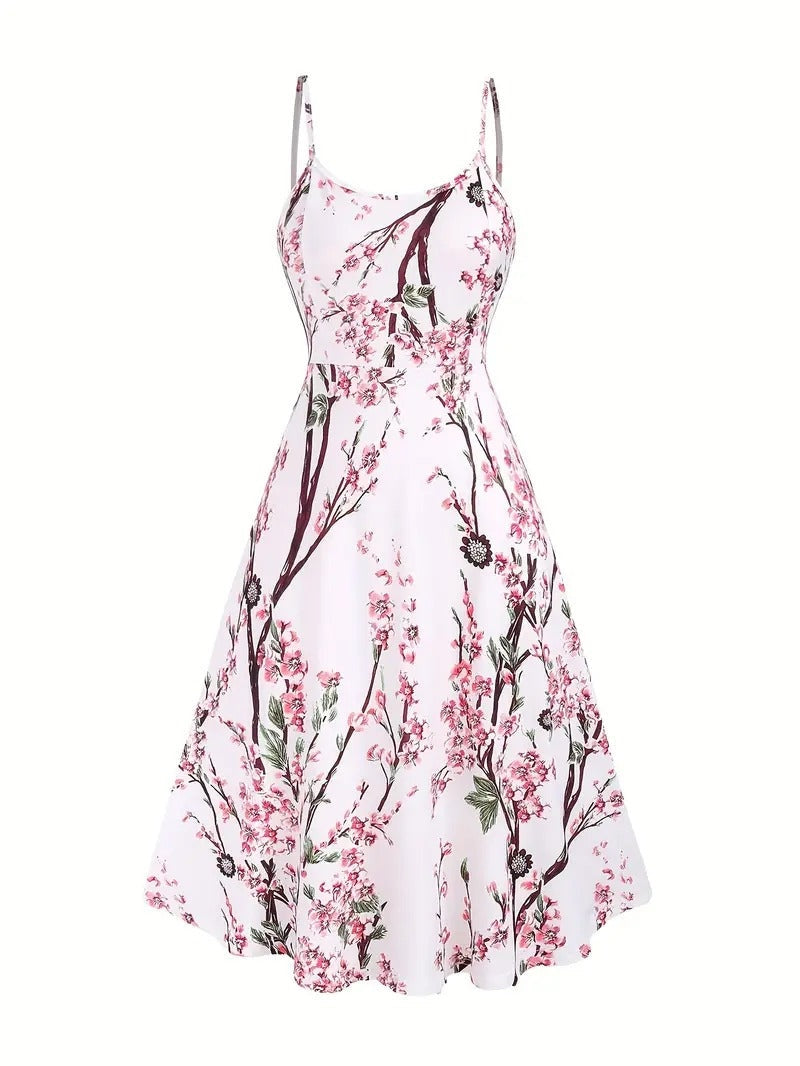 Women's Floral Print Faux Wrap Long Sleeve Midi Dress with Waist Tie