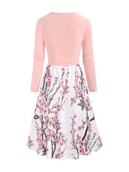 Women's Floral Print Faux Wrap Long Sleeve Midi Dress with Waist Tie