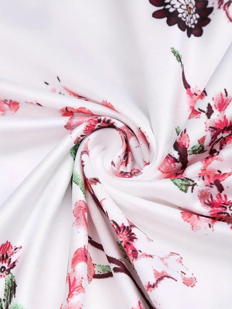 Women's Floral Print Faux Wrap Long Sleeve Midi Dress with Waist Tie