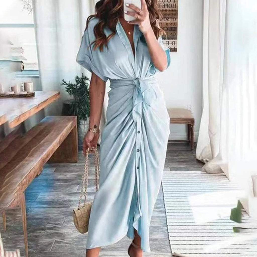Damen-Midikleid mit Knopfleiste und Taillengürtel für eleganten Alltagslook