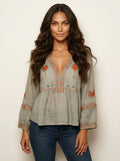 Women's Bohemian Embroidered V-Neck Long Sleeve Peplum Blouse