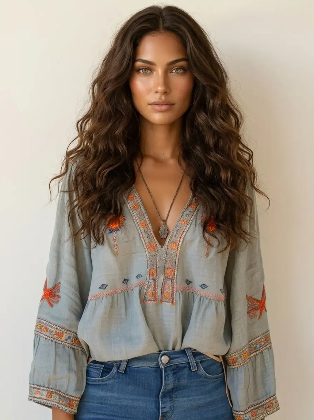 Women's Bohemian Embroidered V-Neck Long Sleeve Peplum Blouse