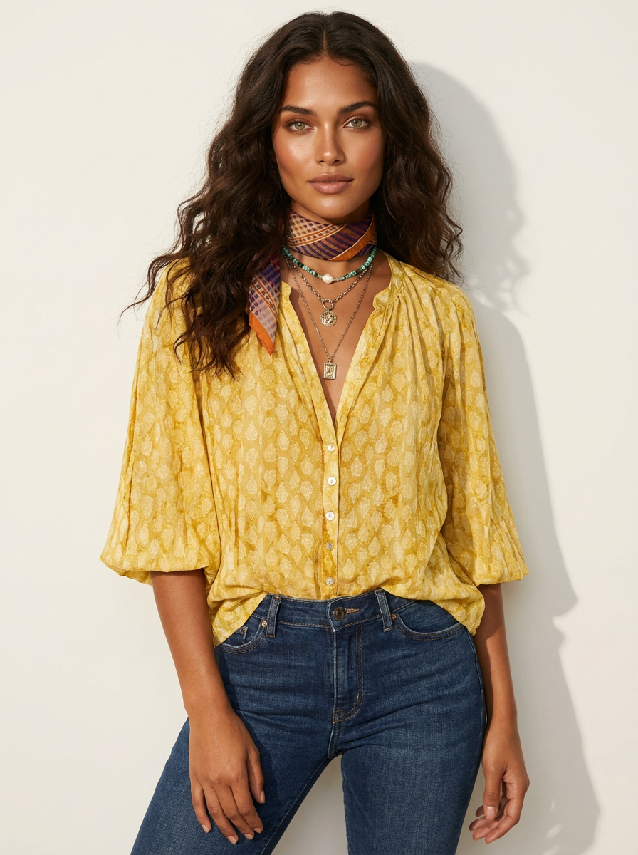 Women's Bohemian Printed Button Front V-Neck Relaxed Fit Blouse