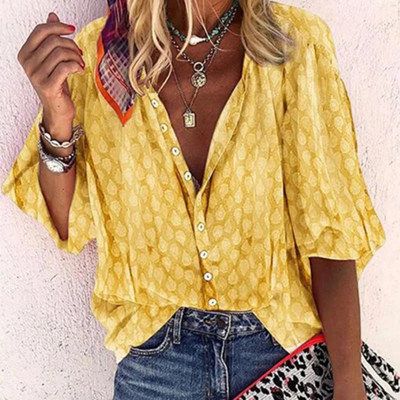 Women's Bohemian Printed Button Front V-Neck Relaxed Fit Blouse