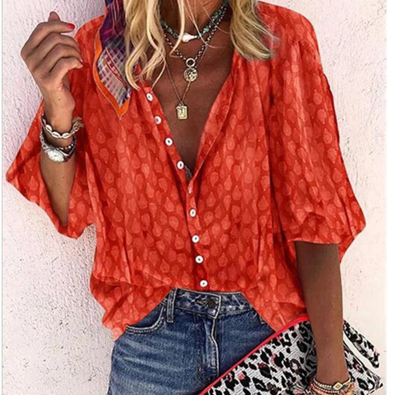 Women's Bohemian Printed Button Front V-Neck Relaxed Fit Blouse