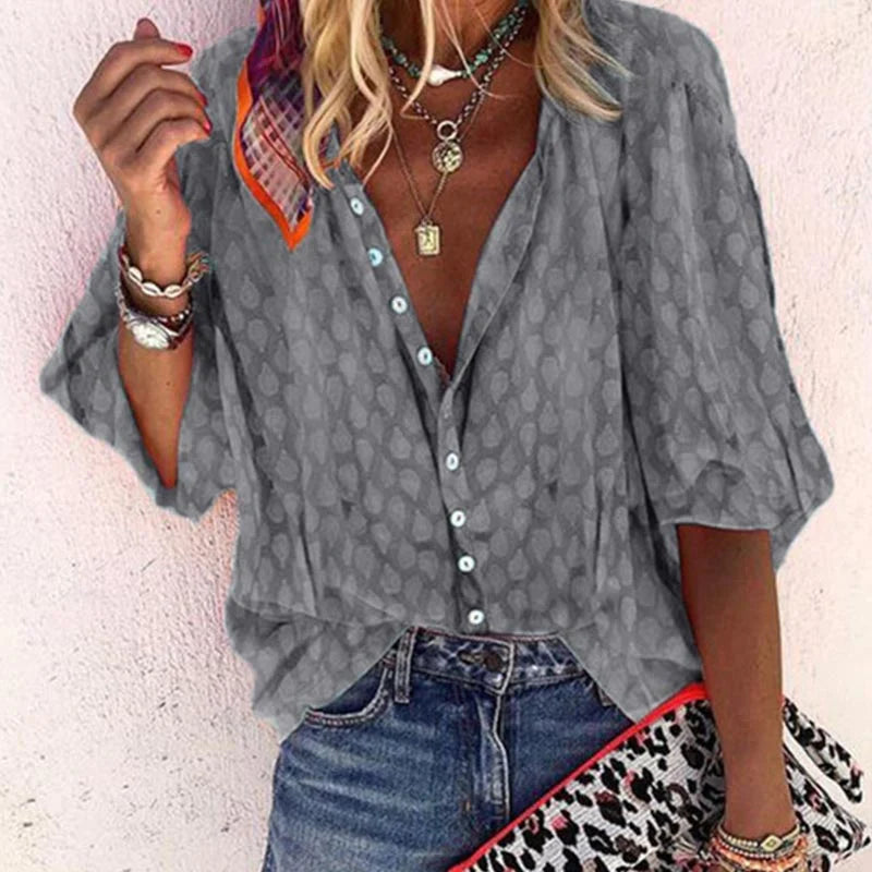 Women's Bohemian Printed Button Front V-Neck Relaxed Fit Blouse