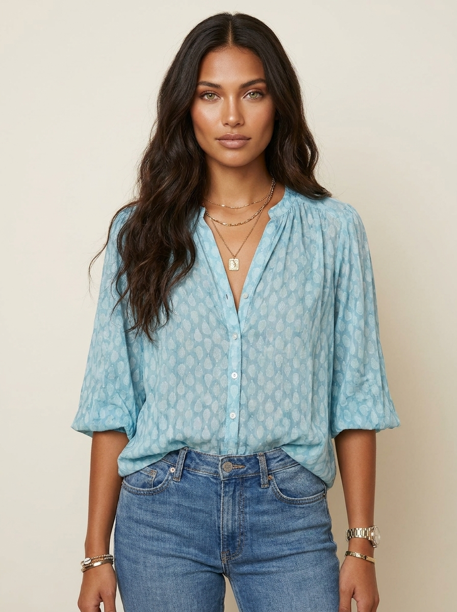 Women's Bohemian Printed Button Front V-Neck Relaxed Fit Blouse