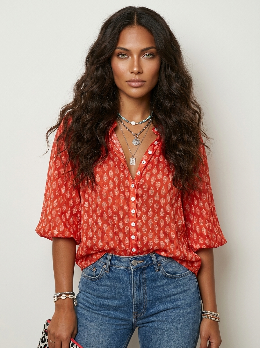 Women's Bohemian Printed Button Front V-Neck Relaxed Fit Blouse