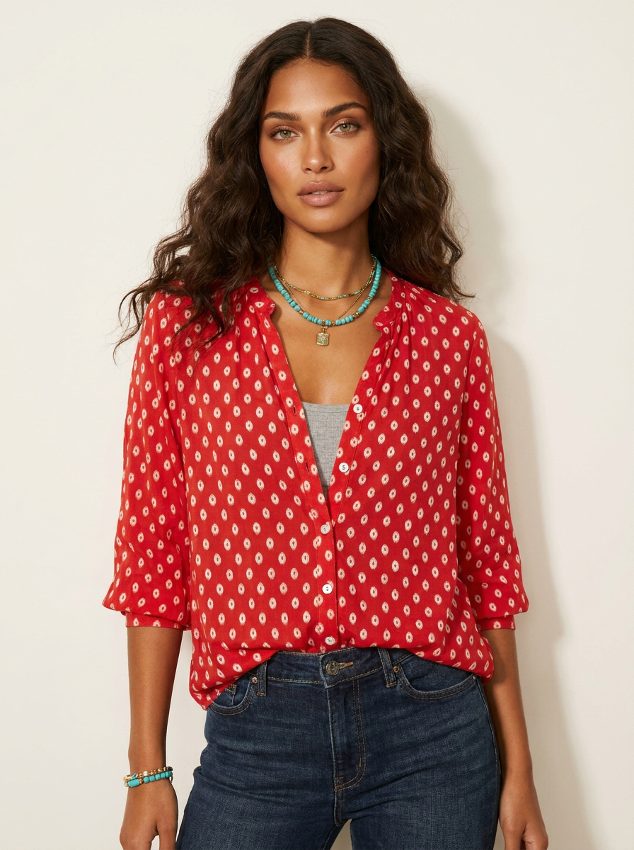 Women's Bohemian Printed Button Front V-Neck Relaxed Fit Blouse