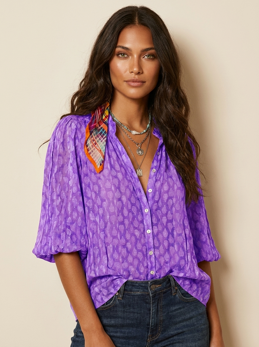 Women's Bohemian Printed Button Front V-Neck Relaxed Fit Blouse