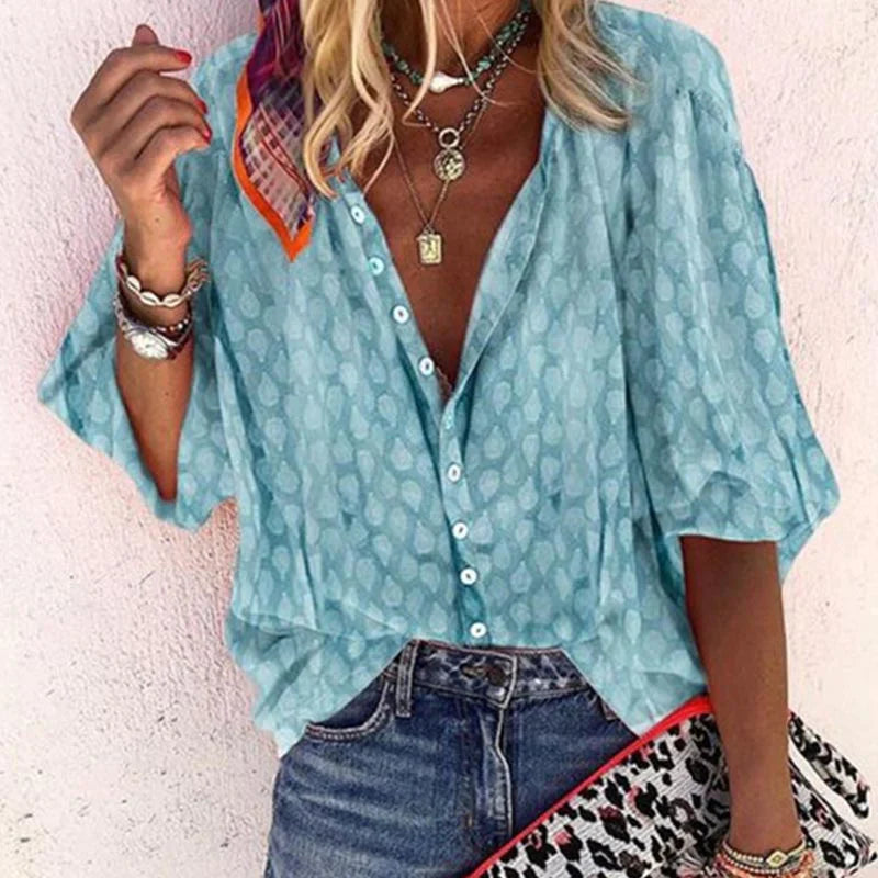 Women's Bohemian Printed Button Front V-Neck Relaxed Fit Blouse