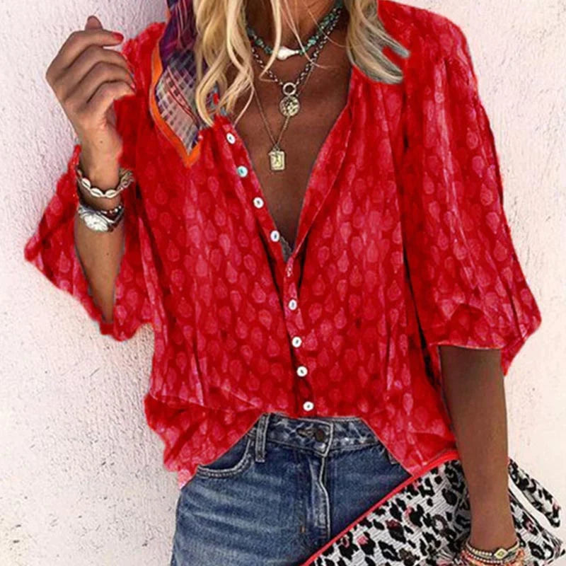 Women's Bohemian Printed Button Front V-Neck Relaxed Fit Blouse