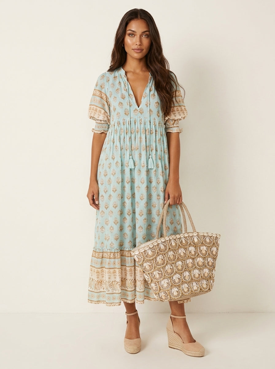 Women's Bohemian Printed Tassel Tie V-Neck Maxi Dress with Smocked Sleeves