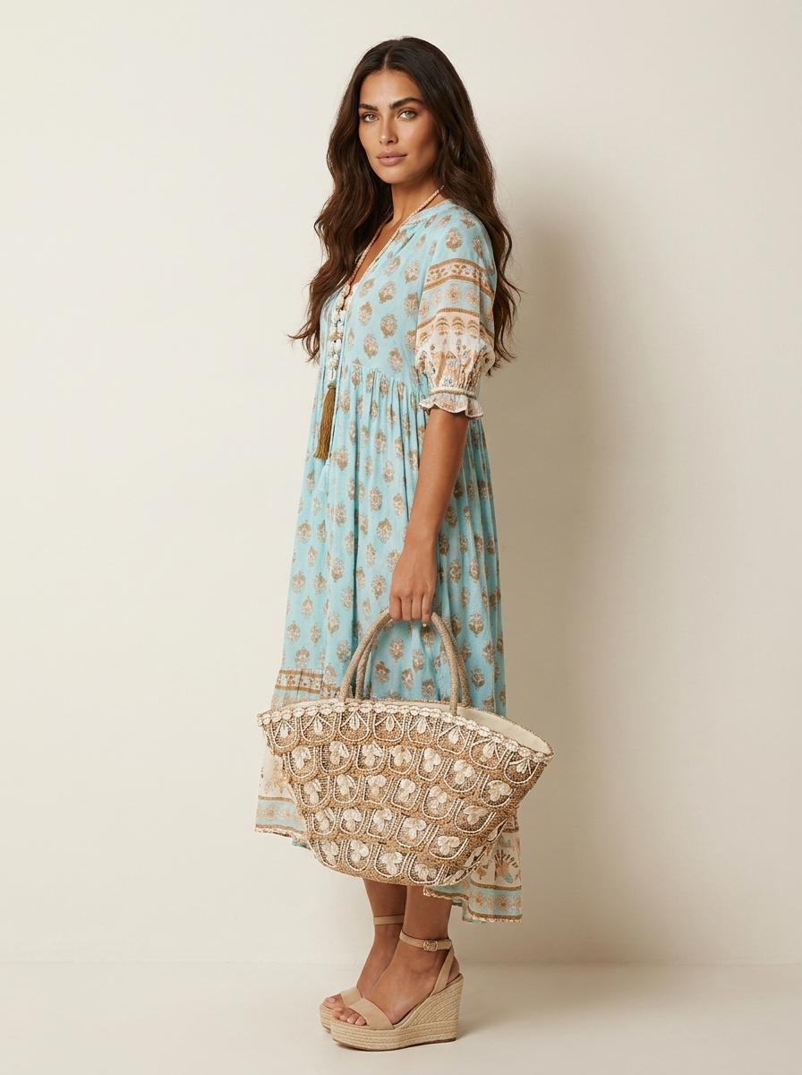 Women's Bohemian Printed Tassel Tie V-Neck Maxi Dress with Smocked Sleeves
