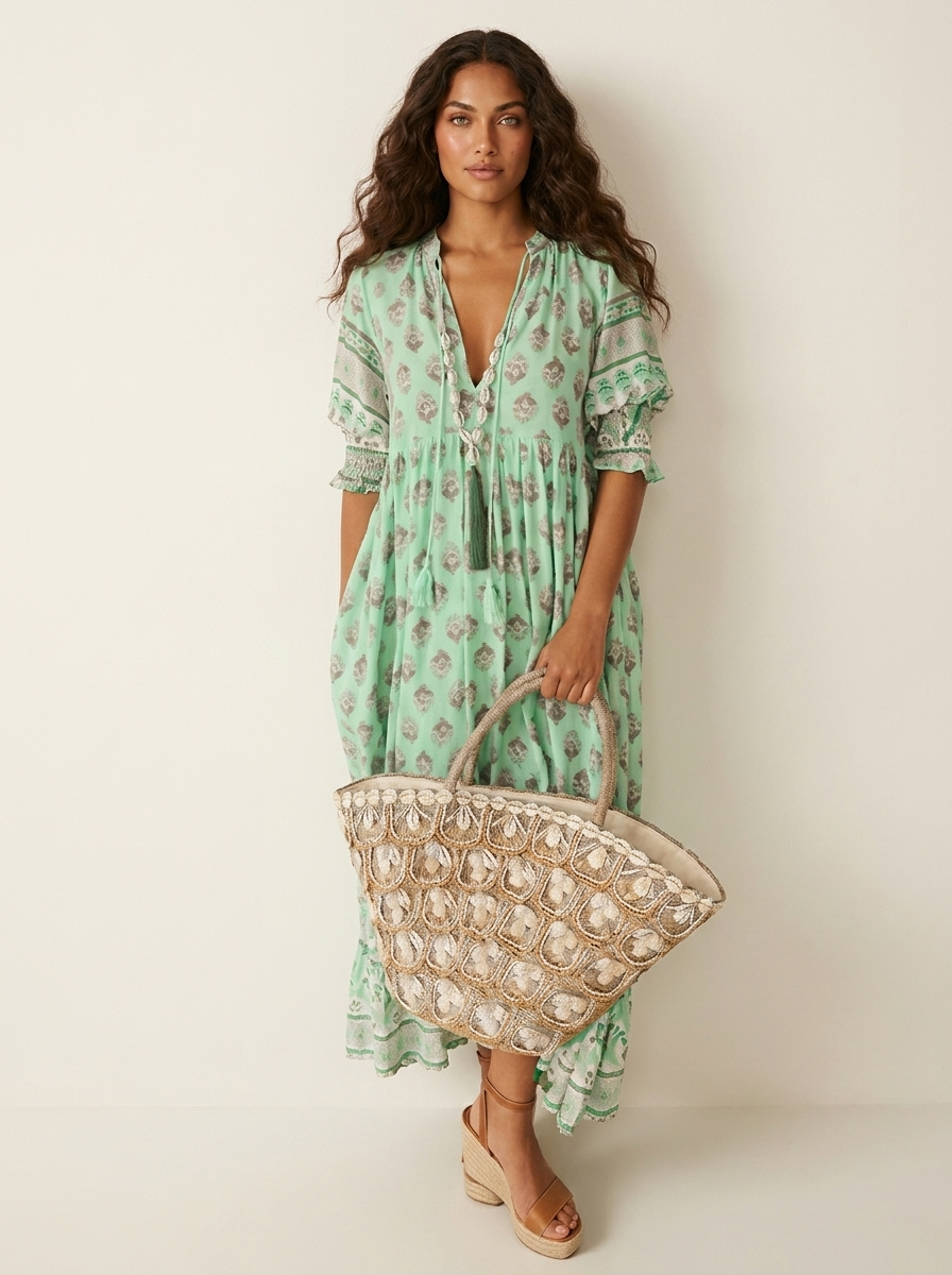 Women's Bohemian Printed Tassel Tie V-Neck Maxi Dress with Smocked Sleeves