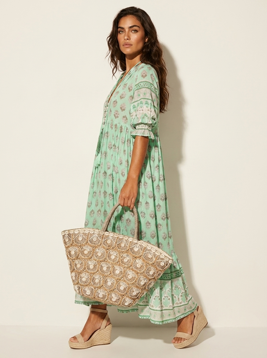 Women's Bohemian Printed Tassel Tie V-Neck Maxi Dress with Smocked Sleeves