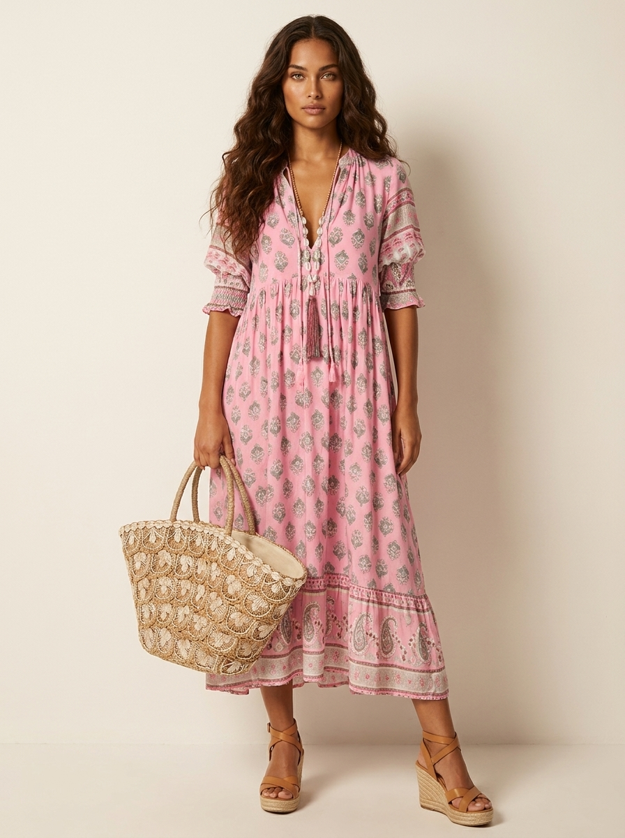 Women's Bohemian Printed Tassel Tie V-Neck Maxi Dress with Smocked Sleeves