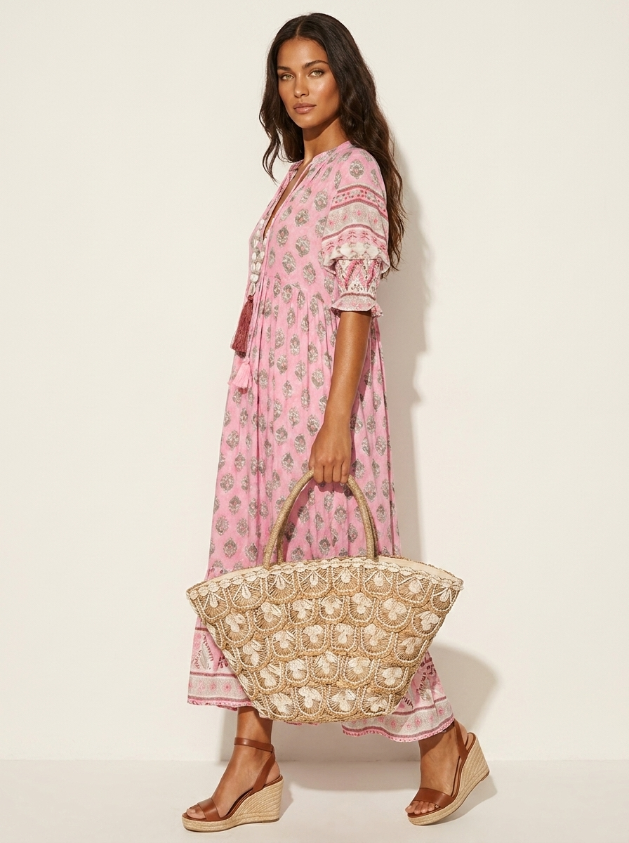 Women's Bohemian Printed Tassel Tie V-Neck Maxi Dress with Smocked Sleeves