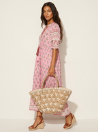 Women's Bohemian Printed Tassel Tie V-Neck Maxi Dress with Smocked Sleeves