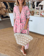 Women's Bohemian Printed Tassel Tie V-Neck Maxi Dress with Smocked Sleeves